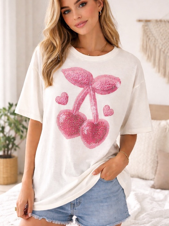 j coon Tops - Women’s White Graphic Tee with Pink Sequin Cherry Design with bling.